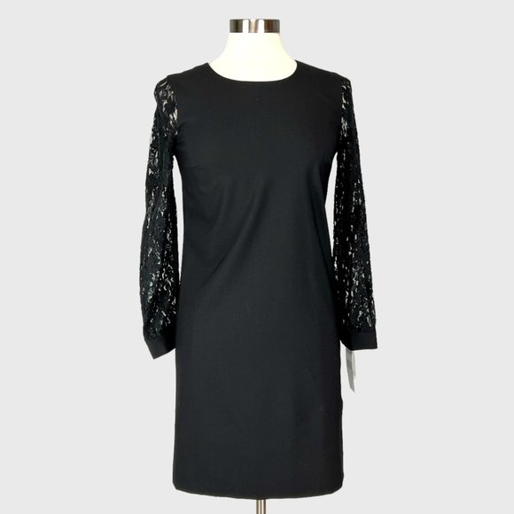 DKNY Black Lace Long Sleeve Wool Cocktail Shift Dress size 2 - Picture 1 of 13